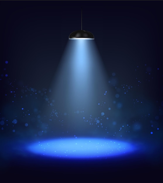 реалистичный векторный световой эффект. Лампа освещала прожектор на темном фоне с голубым свечением.