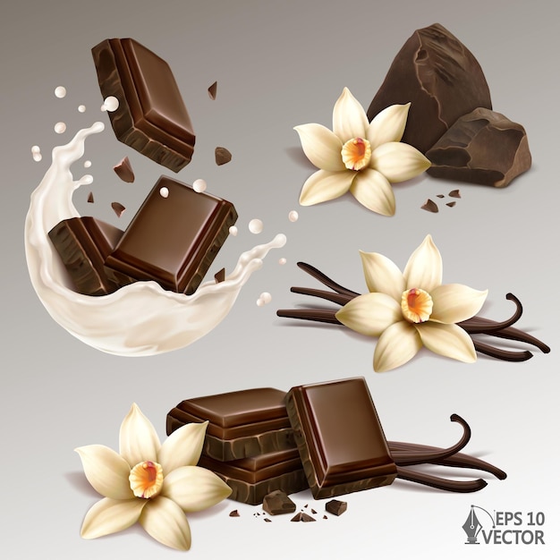 Realistic vector natural vanilla flowers and sticks set chocolate slices in a milk or yogurt splash