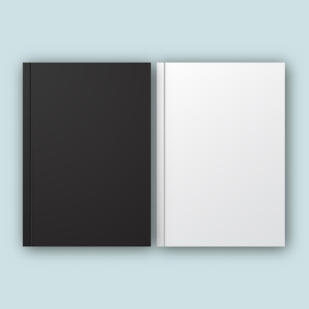 Realistic vector notebook set of black and white, mock up of book black and white blank cover, closed vertical book