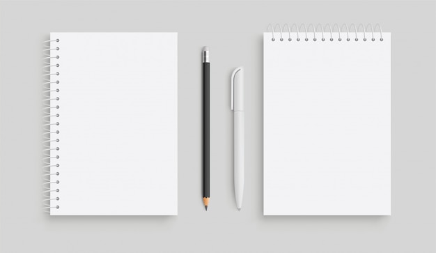 Realistic vector notebook and white pancil, pen. Front view.