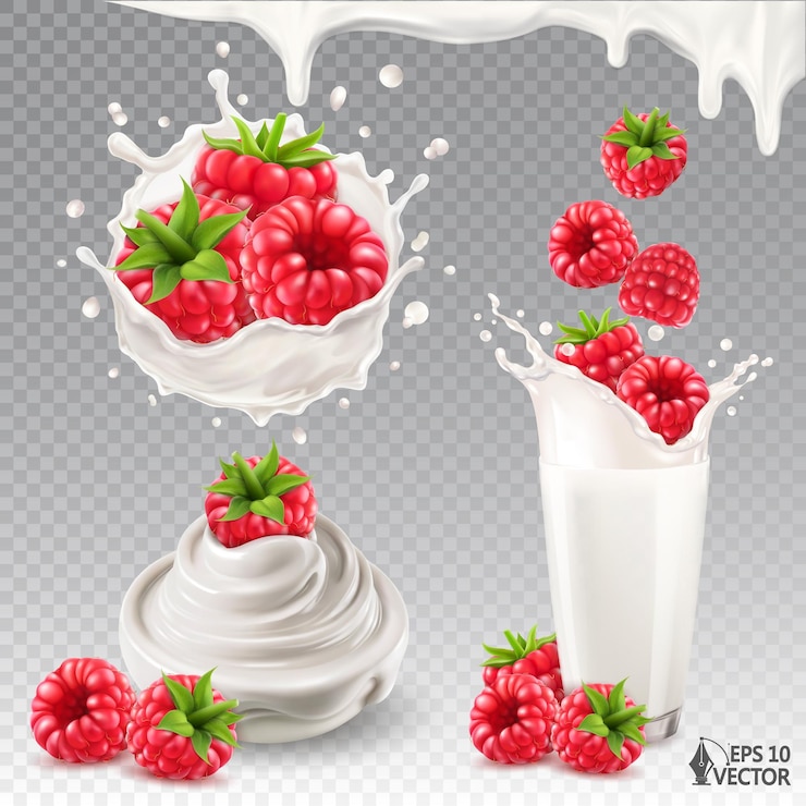 Vector realistic vector raspberry falling into a glass of milk bowl of natural yogurt or cream milk splash