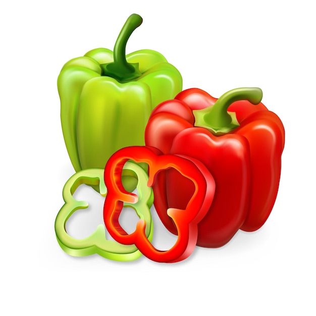 Vector realistic vector red and green paprika whole peppers and slices 3d illustration