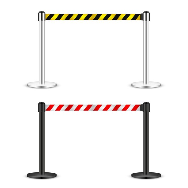 Vector realistic vector retractable belt stanchion crowd control barrier posts with caution strap queue