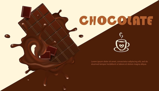 Vector realistic vector set chocolate bar in bursts chocolate banner with swirls and drops