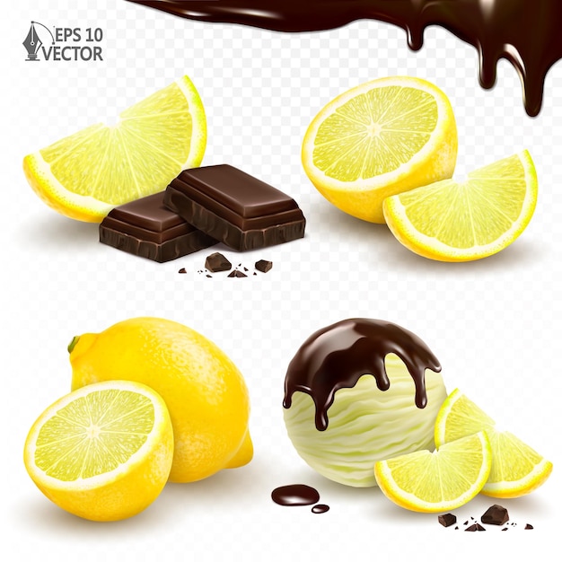 Realistic vector set of desserts pieces of lemon and dark chocolate ice cream scoop with topping