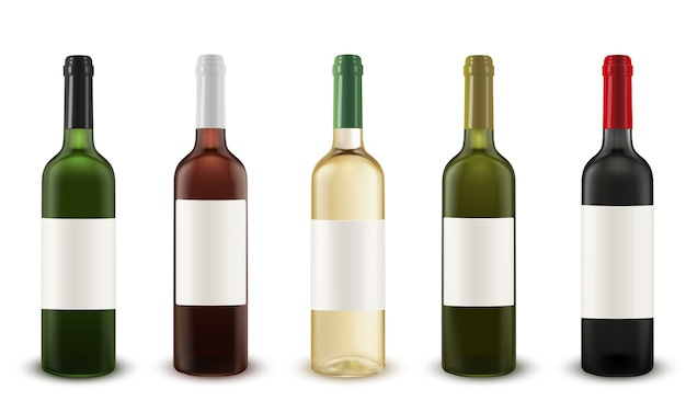 Realistic  vector set of wine bottles of various colors of glass.