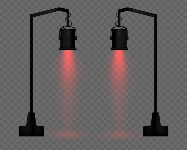 realistic vector street lamp with warm red light on a transparent background black metal body suspended structure soft lighting beam effect projector reflection