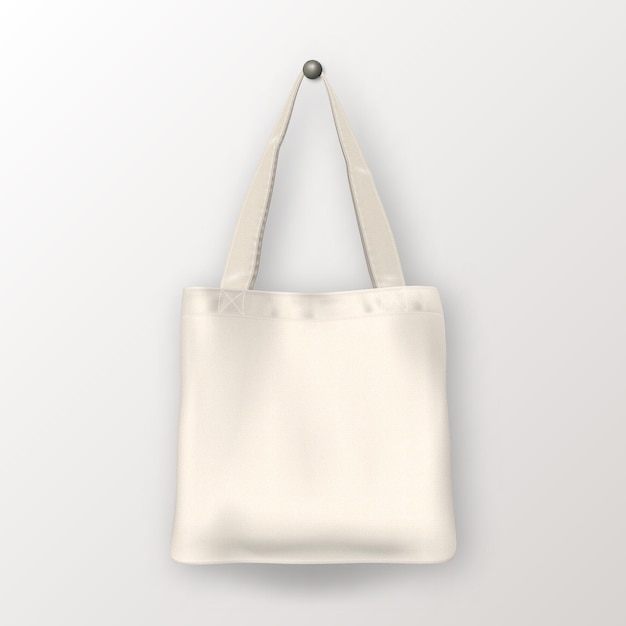 Realistic vector white empty textile tote bag. closeup isolated on white background. design template for branding, mockup. eps10 illustration.