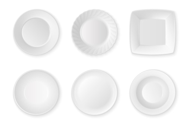 現実的なベクトル白い食べ物空プレートアイコンセットクローズアップ白い背景で隔離。食器器具。デザインテンプレート、グラフィックス、印刷などのモックアップ。上面図。