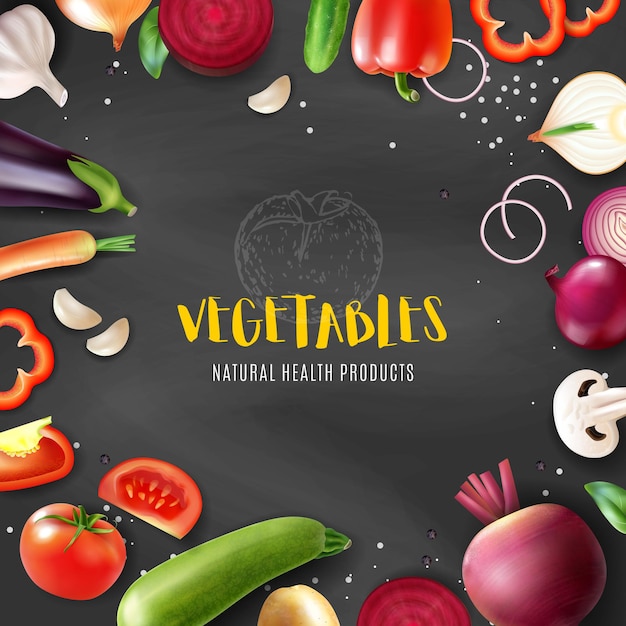 Vector realistic vegetables chalkboard frame composition with editable ornate text surrounded by slices and pieces of fruits