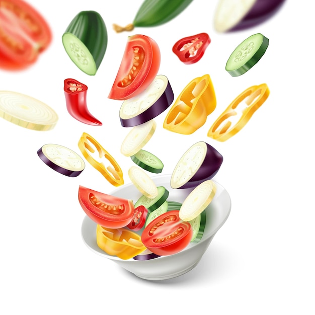 Vettore insalata volante di verdure realistiche prodotti a fette 3d che cadono nel piatto ingredienti freschi miscelazione cibo vegetariano preparazione dieta nutrizione ricetta vitaminica ciotola in porcellana concetto vettoriale