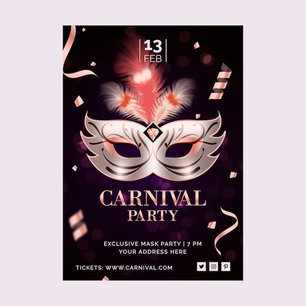 Realistic venice carnival mask and confetti party poster
