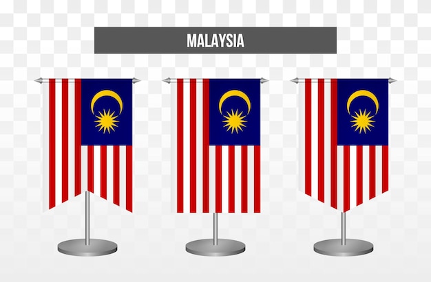 Realistic vertical 3d vector illustration desk flags of malaysia isolated