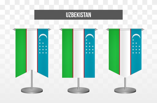 Realistic vertical 3d vector illustration desk flags of uzbekistan isolated