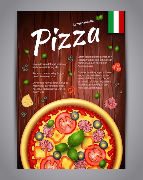 Realistic vertical pizza vector flyer on wood