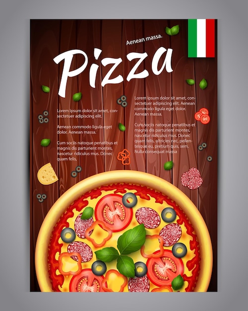 Vettore volantino di vettore di pizza verticale realistico su legno