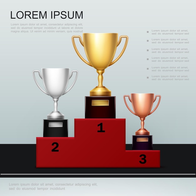 realistic victory and success poster with gold silver bronze cups on red podium