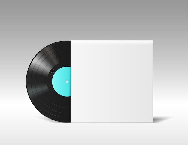 Realistic vinyl disc mockup in empty blank music album cover isolated on white background. Retro musical long play in white template paper box. 3d vector illustration