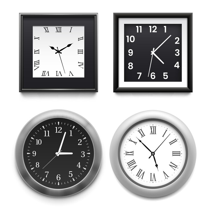 Vector realistic wall clocks modern round and square silver office or home clocks classical white and black dial with hands