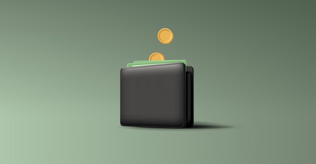 Realistic wallet with cash and coins on a green background 3D image for business banking