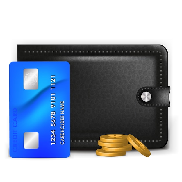 A realistic wallet with a payment card and coins