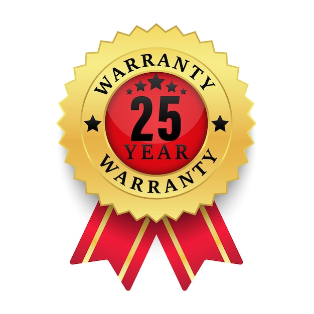 Vector realistic warranty 25year label gold black style red ribbon badge and sign isolated on white background vector illustration