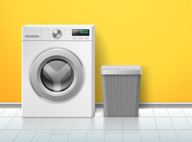 Realistic washing machine empty electronic washer laundry basket in bathroom domestic device in minimalist interior front view 3d object home appliances and detergent advertising vector concept