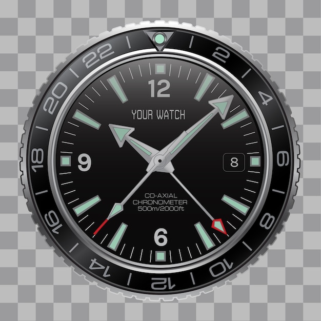 Vector realistic watch chronograph face stainless steel on checkered.