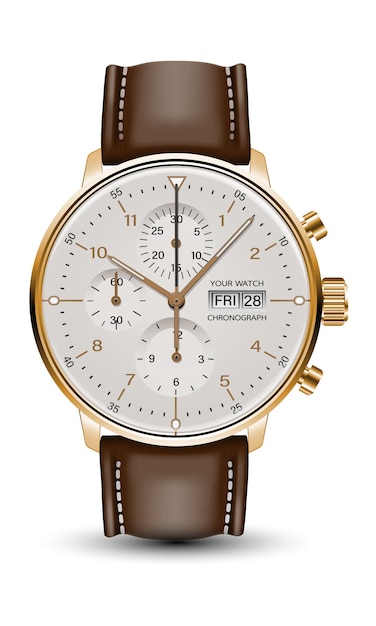 Vector realistic watch clock chronograph face gold brown leather strap white design classic luxury vector