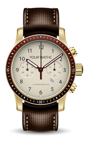 realistic watch clock chronograph face gold dark brown leather strap white classic luxury vector