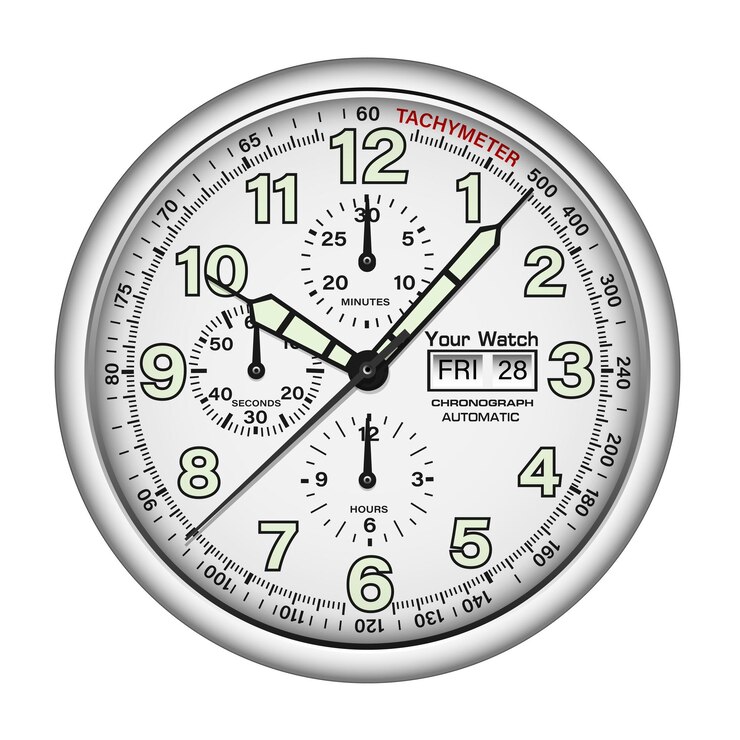 Vector realistic watch clock chronograph silver black face dashboard arrow number classic luxury vector