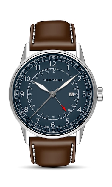 realistic watch clock chronograph silver dark blue face brown leather strap white classic luxury
