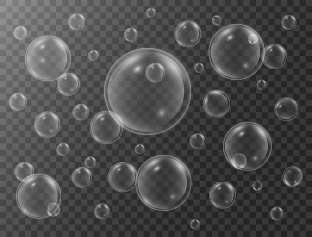 Realistic water bubbles with reflection on transparent . Underwater bubbles. Fizzing air in water, sea, aquarium, ocean, glass.  