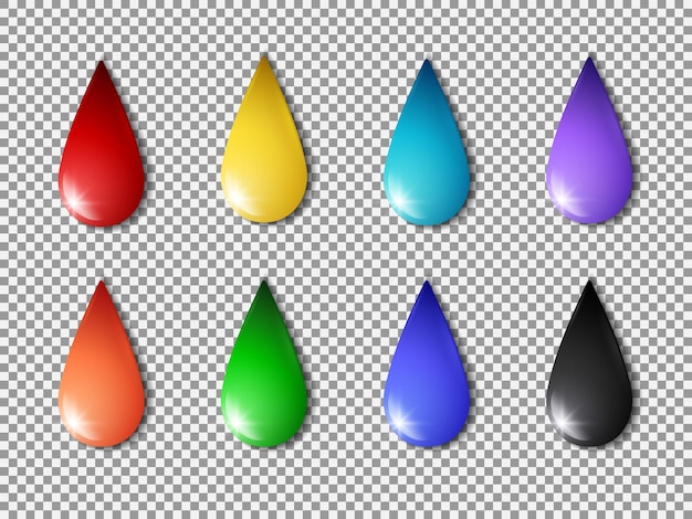 Realistic water drops icons collection. Glossy gradient vector elements of different colors.