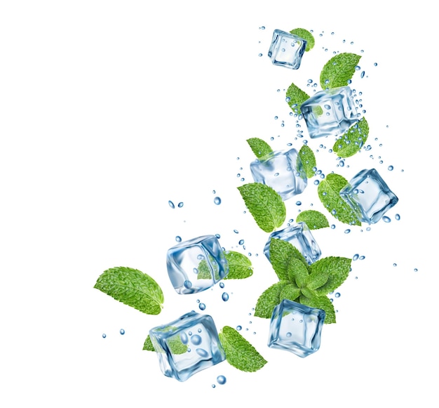 Vector realistic water flow ice cubes mint and bubbles