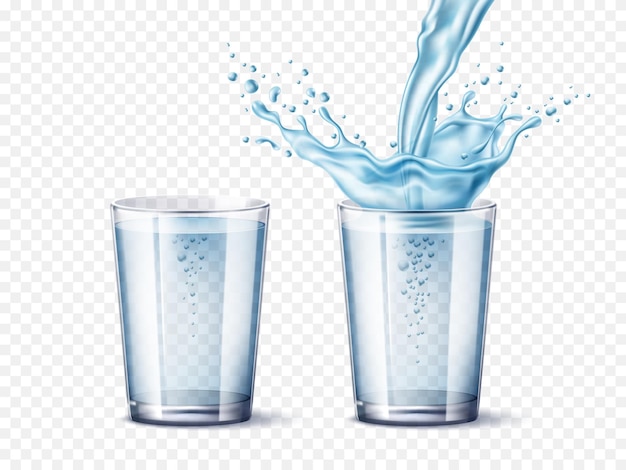 Vector realistic water glass 3d transparent standard glasses cup with pure soda pouring jet and splashes flying drops and jets air bubbles blue liquid in dynamic motion utter vector concept