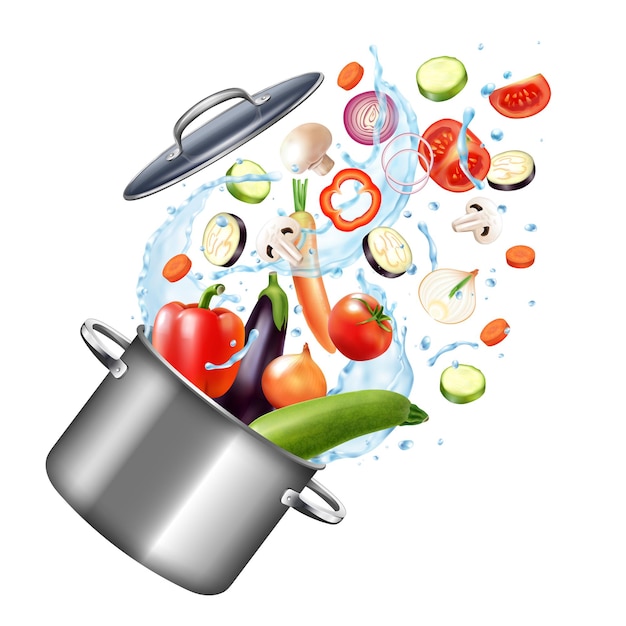 realistic water splash pot composition and cooker with vegetables and drops