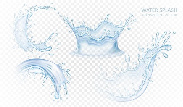 Insieme realistico della spruzzata dell'acqua isolato su sfondo trasparente chiaro. onde di liquido blu. illustrazione .