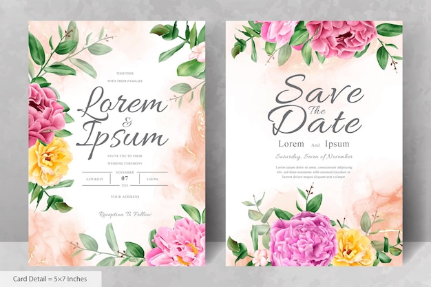 手描きの花と葉を持つリアルな水彩画の花の結婚式の招待カードテンプレート