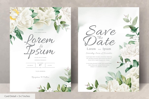 Vector realistic watercolor floral wedding invitation card template with hand drawn flower and leaves