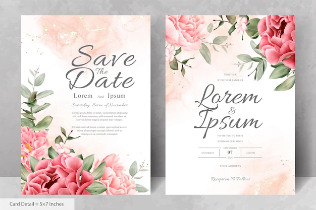 Vector realistic watercolor floral wedding invitation card template with hand drawn flower and leaves