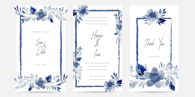 Vector realistic watercolor floral wedding invitation card template with hand drawn flower and leaves