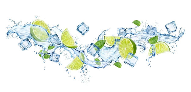 Vector realistic wave splash with lime fruit leaves