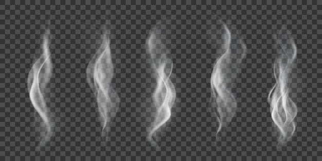 Vector realistic wavy smoke effectset 3d vector illustration white cloudy fog vapor isolated on transparent background