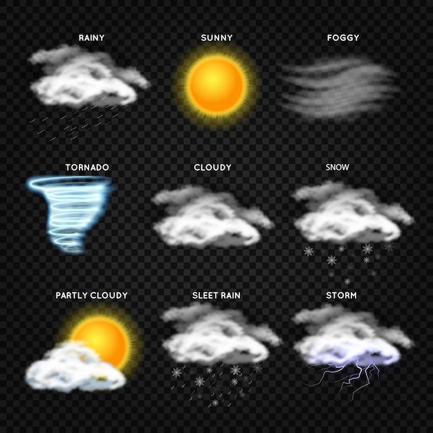 Realistic weather vector icons isolated on transparent background