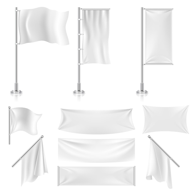 Realistic white advertising textile flags 