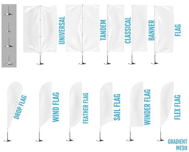 Mockup 3d di bandiere bianche realistiche. bandiere di banner pubblicitari sventolanti tessili.
