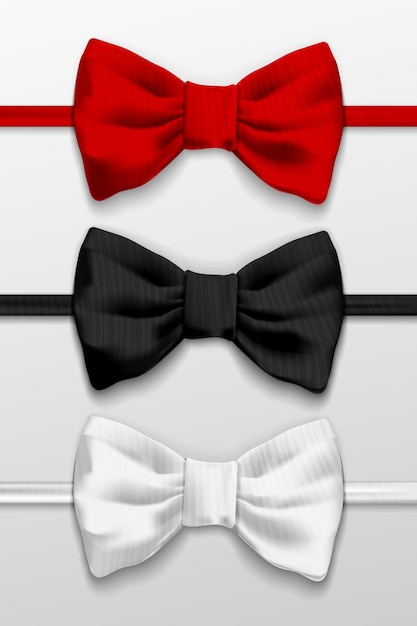 Реалистичный белый, черный и красный галстук-бабочку, векторные иллюстрации, изолированные на белом фоне