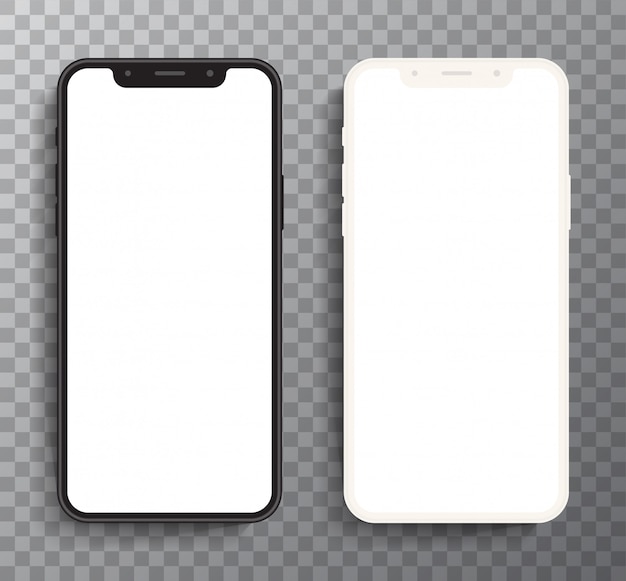 Realistic white and black smartphone The shape of a modern mobile phone Designed to have a thin edge. mobile phone, blank screen