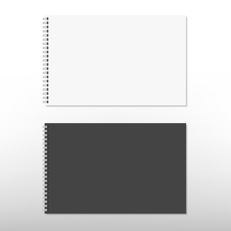 Vector realistic white and black spiral notepad notebook isolated on white. .